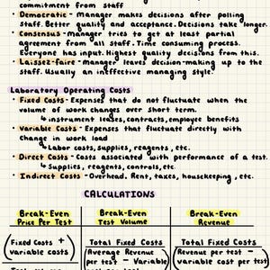 May include: A handwritten page from a notebook with notes on management skills, laboratory operating costs, and calculations. The text is in black ink with highlighted sections in yellow and purple. Formulas for break-even analysis are included.