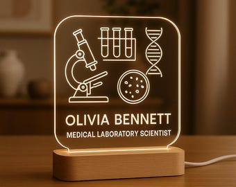 Gepersonaliseerde Medical Lab Tech-nachtlampje | Gegraveerd acryl, houten basis