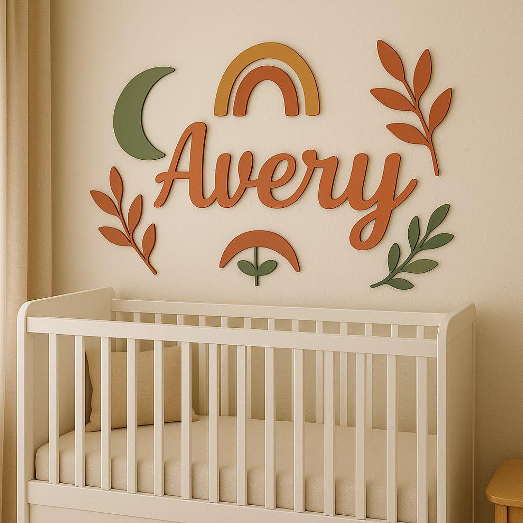 Boho Floral Nursery Name Sign, Custom Wooden Baby Name Sign, Above the ...