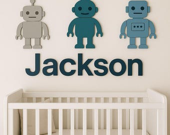 Robot Futuristic Nursery Name Sign - Custom Wooden Name Sign, Above Crib Décor, Personalized Baby Wall Art, 3D Nursery Name Cutout