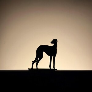 以下が含まれることがあります： 暗い表面に立っている犬の黒いシルエット。犬種はおそらくウィペットまたはグレイハウンド。犬は左を向いており、その細い体と長い脚が明るい背景に対して明確に定義されています。