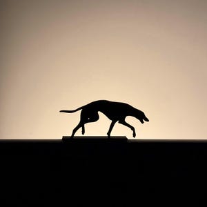 以下が含まれることがあります： グラデーションの背景に、動きのある犬の黒いシルエット。 犬は長く細い体と下向きの頭で描かれており、動きと注意を暗示しています。 画像はシンプルでありながら印象的です。