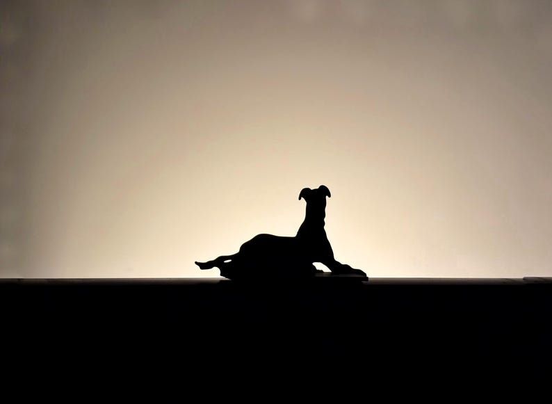 以下が含まれることがあります： 横たわっている犬の黒いシルエット。明るい背景を背景に、犬はリラックスした姿勢で横たわっています。犬の形は暗く、背景は明るく、コントラストが際立っています。