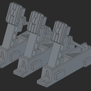 May include: A set of three grey gaming pedals featuring a vertical design with textured rectangular foot plates, a central circular detail on each pedal, and a prominent letter A embossed on the base of each unit, presented in a 3D render style.