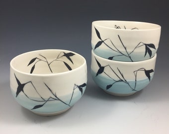 Handmade Bamboo Leaf Robin's Egg Blue Chawan / Dessert Bowl