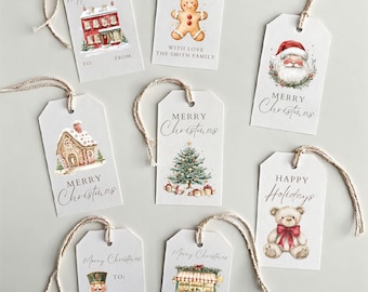 Klassiska julklappsetiketter i akvarell • Utskrivbara julklappsetiketter (nedladdning direkt)