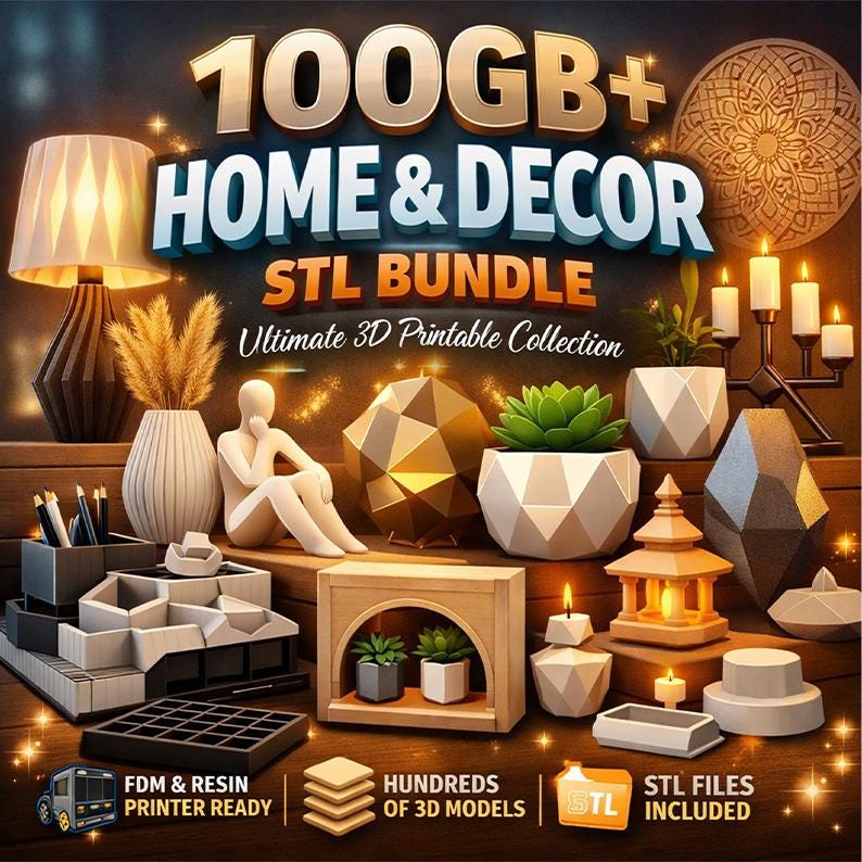 100GB home decor STL bundle featuring lamps, planters, organizers, decorative sculptures and hundreds of printable models