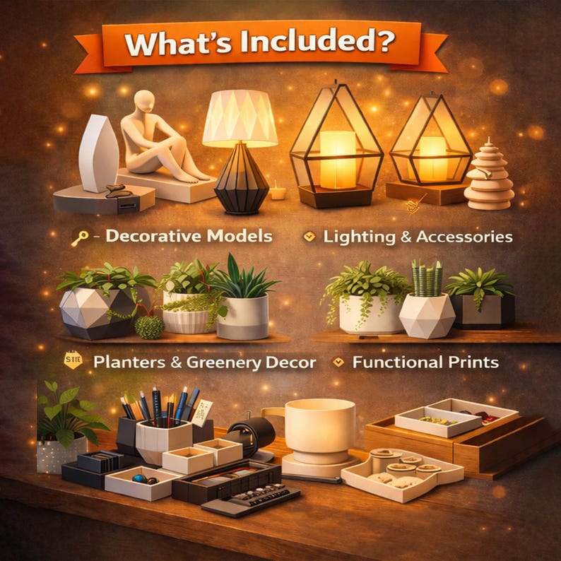 100GB home decor STL bundle including decorative models, lamps, planters, organizers and functional 3D print files
