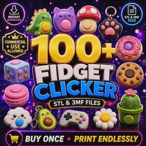 100+ Fidget Clicker STL-paket, Fidget-leksaker för utskrift på plats, STL- och 3MF-filer, nyckelringsklickers, sensoriskt skrivbord, kommersiell licens