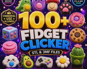 May include: A digital collection of 100+ fidget clicker 3D printable files featuring various colorful designs including a green dinosaur, purple cat, red mushroom, paw print keychain, donut, cookie, macaron, cloud, avocado, game controller, and cactus.
