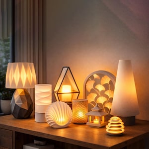 Decorative lamp and lantern STL models with warm ambient lighting designs for modern home decoration and 3D printing