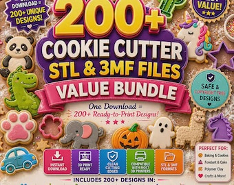 May include: A digital bundle of 200+ cookie cutter STL and 3MF files featuring various shapes like a panda, dinosaur, elephant, pumpkin, ghost, and llama. The graphic includes text such as 200+ Cookie Cutter STL & 3MF Files Value Bundle.
