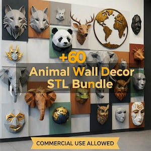 Könnte beinhalten: Eine Sammlung von Wanddekorationen mit Tiermotiven, darunter Wolf-, Hirsch-, Panda- und Eulen-Designs. Die Kunstwerke sind auf farbigen Tafeln montiert. Der Text lautet "+60 Animal Wall Decor STL Bundle" und "COMMERCIAL USE ALLOWED".