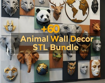 May include: A collection of animal-themed wall decor, including wolf, deer, panda, and owl designs. The artwork is mounted on various colored panels. The text reads "+60 Animal Wall Decor STL Bundle" and "COMMERCIAL USE ALLOWED".