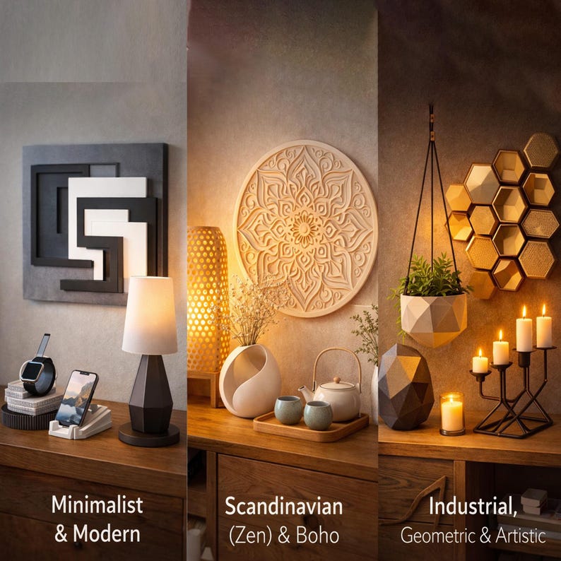 3D printable home decor STL models for minimalist, Scandinavian, boho, industrial and geometric interior design styles