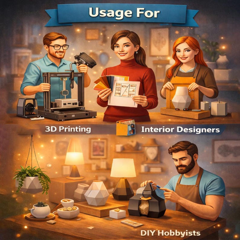 May include: An image illustrating the "Usage For" of 3D printing, interior design, and DIY projects. The image shows a 3D printer, colour swatches, and craft projects, highlighting the versatility of these applications.
