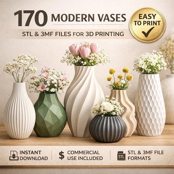 170 Vase STL and 3MF Files Bundle, Modern Home Decor Models (Instant Download)