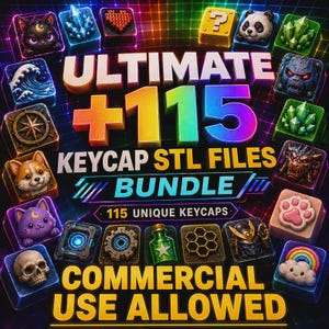 Peut inclure: Un graphique numérique affichant le texte ULTIMATE +115 KEYCAP STL FILES BUNDLE et 115 UNIQUE KEYCAPS COMMERCIAL USE ALLOWED, entouré d'une variété de designs de touches 3D colorés et détaillés représentant des animaux, des cristaux et des symboles.