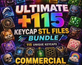 May include: A digital graphic displaying the text ULTIMATE +115 KEYCAP STL FILES BUNDLE and 115 UNIQUE KEYCAPS COMMERCIAL USE ALLOWED, surrounded by a variety of colorful, detailed 3D keycap designs featuring animals, crystals, and symbols.