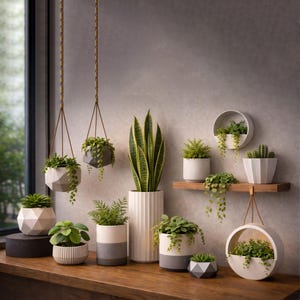 Modern 3D printable planters and hanging plant pots STL models for home decor and indoor greenery displays