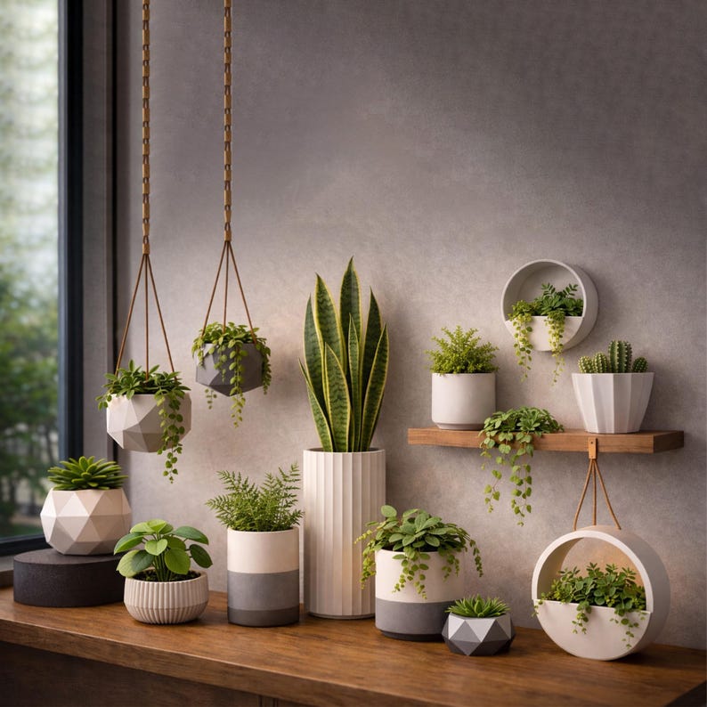 Modern 3D printable planters and hanging plant pots STL models for home decor and indoor greenery displays