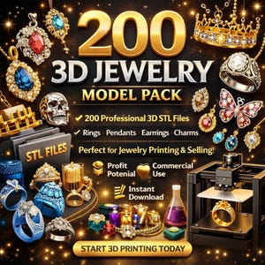 May include: An advertisement for a 3D jewellery model pack. The image showcases diverse jewellery designs, such as rings, pendants, and earrings, with the text "200 3D Jewellery Model Pack". A 3D printer is also visible, along with the text "Start 3D Printing Today".