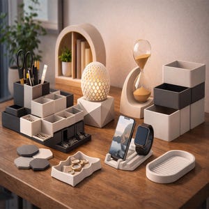 Functional home organization STL models including desk organizers, storage boxes, phone stands and decorative accessories