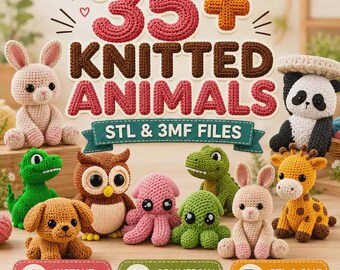 May include: A digital collection of 35+ knitted animals featuring crochet-style plushies including a rabbit, panda, dinosaur, owl, octopus, and giraffe. The image includes text reading 35+ KNITTED ANIMALS STL & 3MF FILES, INSTANT DOWNLOAD, COMMERCIAL USE.