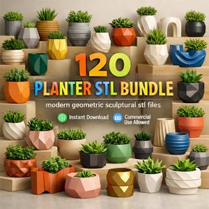 Könnte beinhalten: Eine Sammlung moderner geometrischer Pflanzgefäße in verschiedenen Farben und Formen, jeweils mit Grün gefüllt. Das Bild zeigt eine Vielzahl von Designs, darunter facettierte, spiralförmige und eckige Formen. Der Text auf dem Bild lautet "120 Planter STL Bundle".