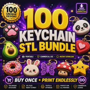 Peut inclure: Un graphique numérique pour un lot de 100 fichiers STL de porte-clés présentant divers modèles imprimés en 3D, dont un panda, un avocat, un cœur, un donut, un lapin, un papillon, un champignon et une étoile. Le texte indique 100 KEYCHAIN STL BUNDLE.