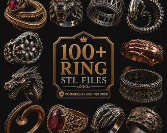 May include: A collection of various metal rings featuring designs such as a wolf head, a dragon, a skeletal hand, floral patterns, Roman numerals, and red gemstones. The central text reads 100+ RING STL FILES with a crown icon and commercial use included.