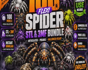 May include: A digital promotional graphic for a 100 Flexi Spider STL and 3MF bundle. The image features various articulated spider models in colors like orange, black, white, purple, and green, with text including 100 Amazing Models and Commercial Use Included.