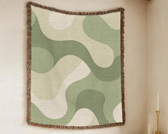 Soft Neutral Sage Throw Blanket Woven Cotton Fringe Blanket Modern Organic Pattern Cozy Sofa Decor Minimalist Home Gift Boho Living Room