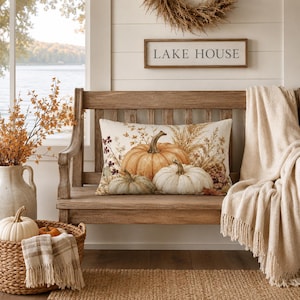 Pumpkin Pillow Fall Harvest Decorative Lumbar Pillow Autumn Farmhouse Orange Cottage Cushion Case  Watercolor Thanksgiving Decor Living Room