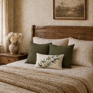 May include: A rectangular throw pillow featuring a printed olive branch with green leaves and dark olives on a cream background, layered in front of two solid olive green square pillows on a bed with beige bedding and a textured throw blanket.