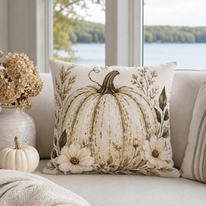 May include: A square throw pillow featuring a printed illustration of a large, pale green and cream-colored pumpkin centered on a light beige fabric. The design includes delicate botanical accents, dried grasses, and white flowers.