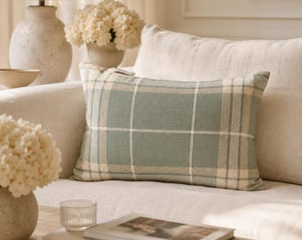 Sage Plaid Lumbar Pillow Green Buffalo Check Throw Pillow Farmhouse Cottage Decor Neutral Lake House Accent Pillow Cover Gift for Her Rustic