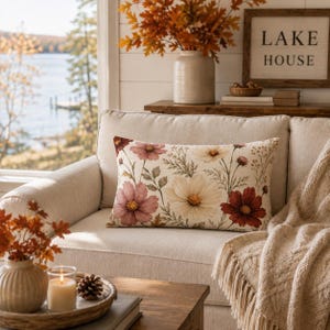 Vintage Wildflowers Lumbar Pillow  Fall Floral Pillow Cover Cosmos Flower Lake House Decor Autumn Throw Pillow Burgundy Rust Cream Botanical
