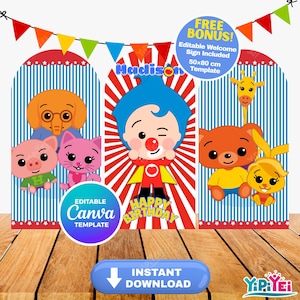 Decoração de Aniversário Plim Plim – 3 Painéis de Fundo – Modelos Editáveis do Canva – Download Instantâneo – Decoração de Festa para Imprimir