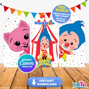 Pode incluir: Um conjunto de decoração de festa de aniversário com um gato rosa, um palhaço e um design de tenda de circo. O design inclui o texto "Happy Birthday" e "Madison". Inclui um modelo de placa de boas-vindas editável, 50x80 cm.