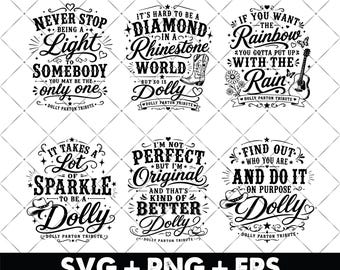 May include: A collection of six black and white graphic designs featuring inspirational quotes and Dolly Parton tribute text. The illustrations include elements like a cowboy boot, an acoustic guitar, and cowboy hats, all rendered in typography.