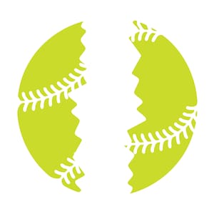 May include: A lime green softball graphic with white stitching and a jagged split down the middle. The design is a simple, bold illustration, perfect for sports-themed products.