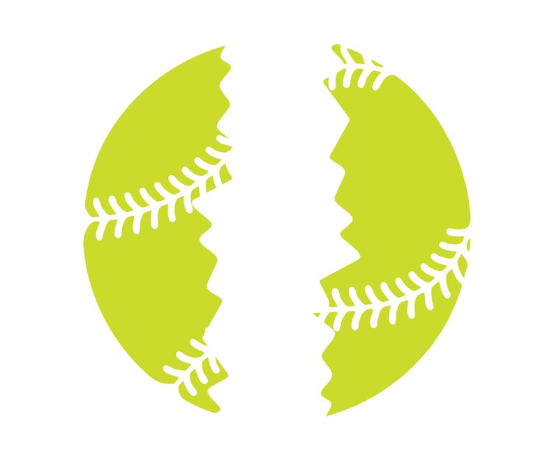 May include: A lime green softball graphic with white stitching and a jagged split down the middle. The design is a simple, bold illustration, perfect for sports-themed products.