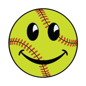 May include: A cartoon softball with a smiling face. The ball is yellow-green with black eyes and a black curved mouth. Red stitching details the seams of the ball.