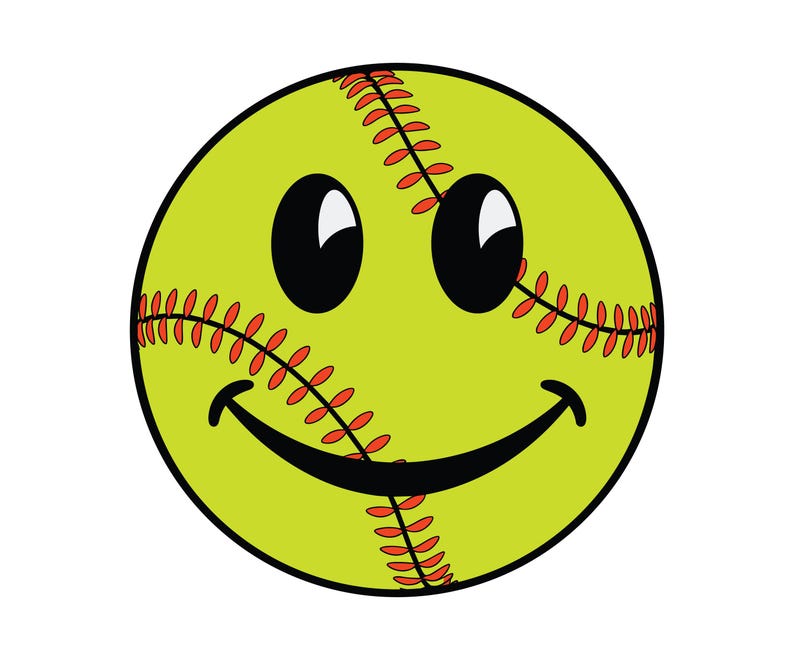 May include: A cartoon softball with a smiling face. The ball is yellow-green with black eyes and a black curved mouth. Red stitching details the seams of the ball.