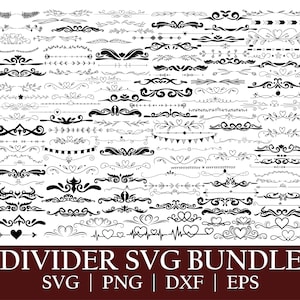 Puede incluir: Una colección de diseños de divisores decorativos en blanco y negro. La imagen presenta varios estilos, incluyendo patrones florales, de corazón y geométricos. El texto "DIVIDER SVG BUNDLE" se muestra en la parte inferior, junto con opciones de tipo de archivo: SVG, PNG, DXF y EPS.