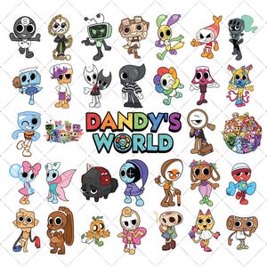 May include: A collection of colourful cartoon character illustrations arranged in a grid, featuring diverse anthropomorphic figures and the text DANDY'S WORLD in the centre. The characters include various shapes, colours, and expressions.