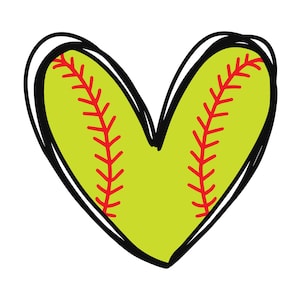 May include: A heart-shaped graphic with a softball design. The heart is outlined in black and filled with a light green color. Red stitching details are visible, mimicking the seams of a softball. The design is simple and bold.