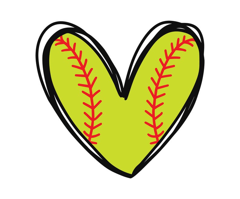May include: A heart-shaped graphic with a softball design. The heart is outlined in black and filled with a light green color. Red stitching details are visible, mimicking the seams of a softball. The design is simple and bold.