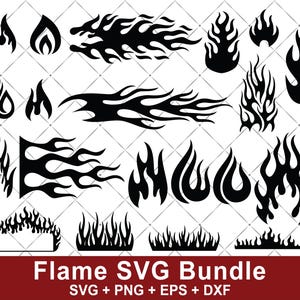 Puede incluir: Una colección de siluetas de llamas negras de diversas formas y tamaños dispuestas sobre un fondo blanco. La parte inferior de la imagen presenta el texto Flame SVG Bundle seguido de SVG + PNG + EPS + DXF en blanco sobre una franja roja oscura.